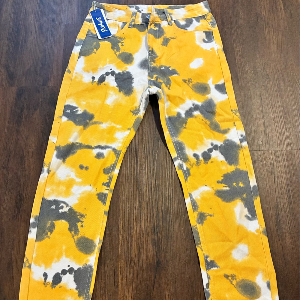 ROMWE Yellow and Gray Tie-Dye Straight Jeans